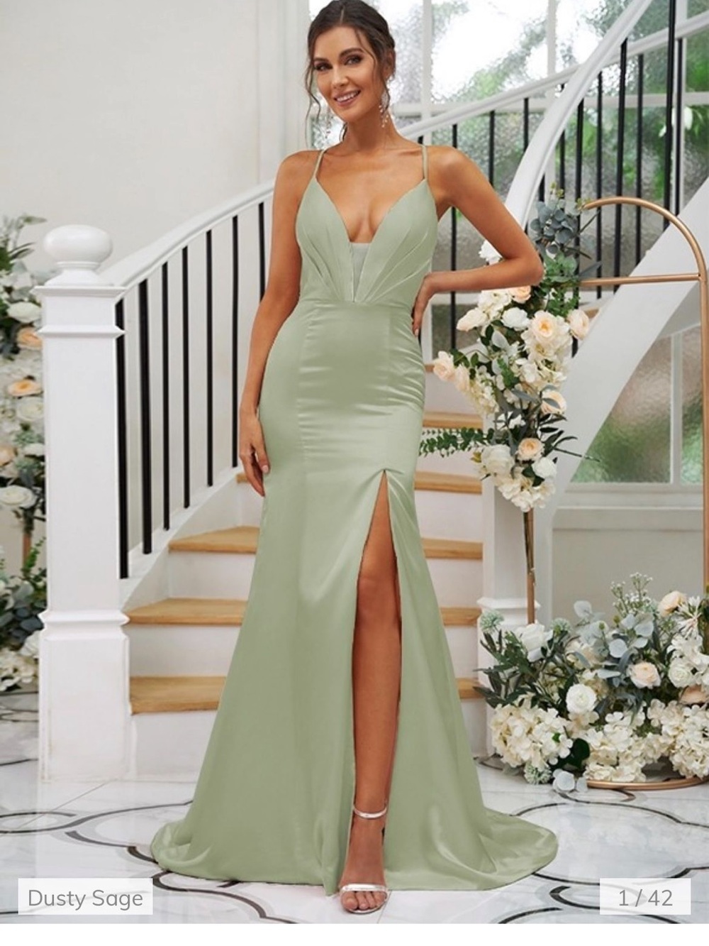 Dusty Sage Spaghetti-Strap Prom Gown